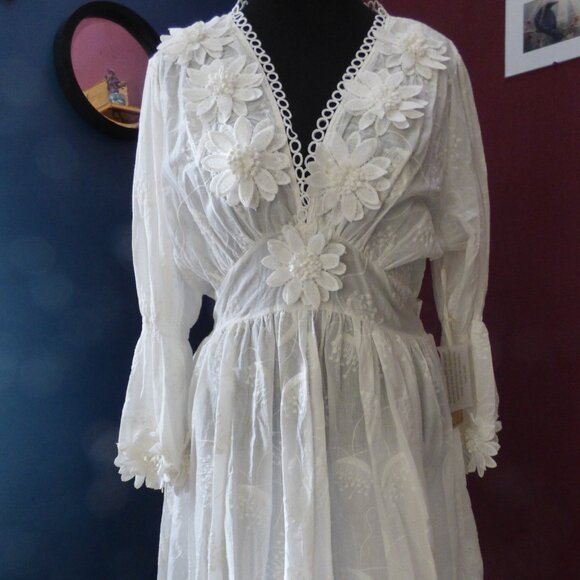 GOTH BOHO HIPPY WEDDING WHITE FLORAL WOVED LONG SLEEVED MINI SKATER DRESS XL - Picture 1 of 16